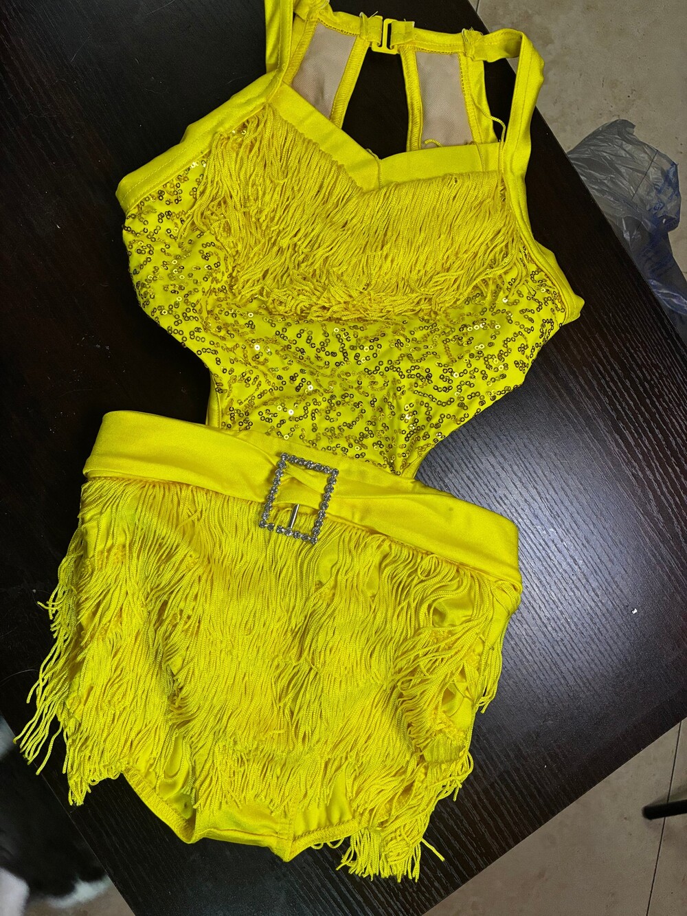 Yellow Fringe Sequin Two-Piece Dance Costume with Rhinestone Buckle Belt
